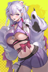  absurdres animal_ears animal_hands bad_id bad_twitter_id bow breasts character_name choker commentary_request female gloves gradient_background hair_between_eyes hair_ornament hairclip harusame_(user_wawj5773) highres indie_virtual_youtuber korean_commentary large_breasts long_hair looking_at_viewer multicolored_hair navel open_mouth paw_gloves pink_hair polka_dot polka_dot_background purple_choker purple_hair purple_shorts red_bow shorts smile solo underboob virtual_youtuber white_gloves white_hair x_hair_ornament xiho_(vtuber) yellow_background 