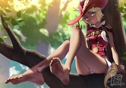  absurdres artist_logo barefoot blonde_hair blue_eyes blurry blurry_background blush breasts cat_girl clenched_teeth commentary_request commission crossed_legs dark-skinned_female dark_skin english_commentary eyelashes feet female foot_focus foreshortening full_body hand_on_own_knee hat_feather highres jacket knees_up legs long_legs medium_breasts mixed-language_commentary original outdoors pixiv_commission red_headwear red_jacket shadow short_hair short_shorts shorts sitting sleeveless sleeveless_jacket soles solo suryua swept_bangs teeth thighs toenails toes tree white_shorts 