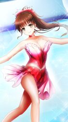  breasts brown_eyes brown_hair choker cleavage closed_mouth collarbone doukyuusei doukyuusei_another_world dress female figure_skating figure_skating_dress floating_hair game_cg gradient_dress ice_skating large_breasts leotard leotard_peek long_hair looking_at_viewer pink_dress pleated_dress ponytail red_choker red_dress short_dress skating smile sparkle strapless strapless_dress tanaka_misa 