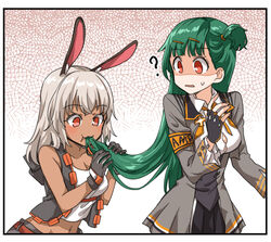  2girls ? animal_ears armband black_border border breasts cleavage commentary_request confused cross dulldull eating_hair fingerless_gloves g28_(girls&#039;_frontline) girls&#039;_frontline gloves green_hair grey_hair hair_in_another&#039;s_mouth iron_cross korean_commentary light_blush long_hair looking_back midriff multiple_girls navel ns2000_(girls&#039;_frontline) rabbit_ears sleeveless sleeveless_jacket sweatdrop 