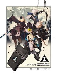  12f_(arknights) 2girls 3boys :o aerysky arknights arrow_(projectile) back black_footwear black_jacket black_pants black_skirt blonde_hair boots border bow_(weapon) brown_hair closed_mouth commentary_request durin_(arknights) from_above full_body furry furry_male highres holding holding_arrow holding_bow_(weapon) holding_shield holding_sword holding_wand holding_weapon horns id_card jacket leggings lizardman long_hair long_sleeves mask multiple_boys multiple_girls noir_corne_(arknights) open_mouth outside_border pants pointy_ears rangers_(arknights) shield shirt shoes short_sleeves single_horn skirt sneakers sword wand weapon white_shirt yato_(arknights) 