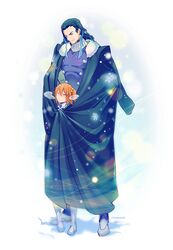  1boy ahoge bad_id bad_pixiv_id black_hair blue_eyes blue_hair blush cape closed_eyes closed_mouth fate/grand_order fate_(series) female formal fujimaru_ritsuka_(female) fur-trimmed_jacket fur_trim gradient_hair hair_between_eyes hair_ornament hair_scrunchie hair_slicked_back jacket jacket_on_shoulders long_hair long_sleeves mepo_(raven0) multicolored_hair nikola_tesla_(fate) one_side_up orange_hair scrunchie short_hair side_ponytail simple_background smile snow snowflakes snowing standing steam suit white_background white_footwear 