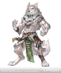  4_toes 5:6 5_fingers anthro biped bottomwear canid canine canis claws clothing digitigrade english_text evertale feet fingers fur hi_res loincloth male mammal official_art simple_background solo tail text toes white_background wolf wolftapioca zigzagame 