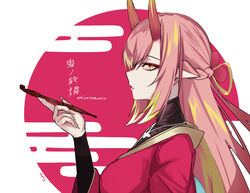  blonde_hair breasts character_name egasumi english_commentary female fingernails from_side furai_sen green_hair half_updo hand_up holding holding_smoking_pipe horns japanese_clothes jewelry kimono kiseru long_fingernails long_hair long_pointy_ears looking_at_viewer medium_breasts multicolored_eyes multicolored_hair mythic_live necklace oni oni_horns oninosuzu_rin open_mouth orange_eyes pink_hair pointy_ears portrait profile sharp_fingernails signature simple_background smoking_pipe solo streaked_hair turtleneck upper_body virtual_youtuber white_background yellow_eyes 