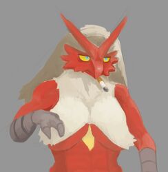  2019 3_fingers anthro avian barely_visible_breasts beak blaziken blue_eyes breasts cigarette cigarette_in_mouth digital_drawing_(artwork) digital_media_(artwork) female fingers front_view frown generation_3_pokemon grey_background grumpy guide_lines half-length_portrait hi_res nintendo nobodyshouse object_in_mouth pokemon pokemon_(species) portrait red_body red_skin simple_background solo under_boob yellow_sclera 