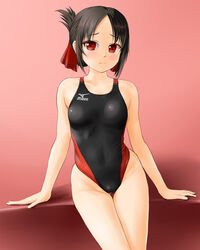  :3 black_hair breasts collarbone commentary_request competition_swimsuit cowboy_shot female folded_ponytail hair_ribbon highres kaguya-sama_wa_kokurasetai_~tensai-tachi_no_renai_zunousen~ long_hair looking_at_viewer mizuno_(brand) one-piece_swimsuit parted_bangs red_eyes ribbon shinomiya_kaguya simple_background sitting small_breasts solo swimsuit thigh_gap tk4 