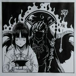  2girls aura chinese_clothes commentary gloom_(expression) greyscale handheld_game_console hatching_(texture) highres hime_cut houraisan_kaguya junko_(touhou) long_hair monochrome multiple_girls nib_pen_(medium) phoenix_crown playstation_portable sendai_(nazonomono) shaded_face sweat touhou traditional_media translated triangle_mouth 