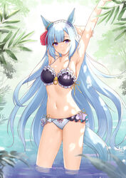  absurdres animal_ears arm_behind_head armpits arms_up bikini blue_hair blunt_bangs braid breasts collarbone commentary_request cowboy_shot crown_braid day female flan_(seeyouflan) frilled_bikini frills highres horse_ears horse_girl horse_tail light_blue_hair long_hair looking_at_viewer medium_breasts mejiro_ardan_(umamusume) nature navel outdoors purple_eyes smile solo standing stomach swimsuit tail umamusume very_long_hair wading water 