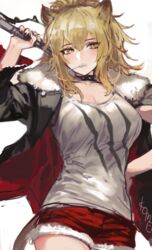  animal_ears arknights artist_name bad_id bad_pixiv_id black_choker black_jacket black_nails blonde_hair breasts choker cleavage commentary cowboy_shot female frischenq fur-trimmed_jacket fur_trim hair_between_eyes hammer hand_on_own_hip holding holding_weapon jacket large_breasts lion_ears lion_tail lips long_hair mouth_hold nail_polish open_clothes open_jacket over_shoulder ponytail red_shorts short_shorts shorts siege_(arknights) signature simple_background sledgehammer solo studded_choker tail tank_top teeth weapon weapon_over_shoulder white_background white_tank_top yellow_eyes 