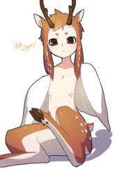  :&lt; akira_(meltyhip) animal_ears animal_feet antlers brown_eyes brown_hair closed_mouth commentary_request convenient_leg deer_antlers deer_ears deer_tail female flat_chest highres hooves horizontal_pupils horns jaggy_lines looking_at_viewer monster_girl original peryton pointy_ears short_eyebrows short_hair short_tail sidelocks signature simple_background sitting solo tail white_background white_wings winged_arms wings 