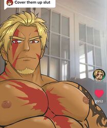  1boy abs bara beowulf_(fate) blonde_hair chest_tattoo cover_them_up_slut_(meme) cyber_cowboi dark-skinned_male dark_skin dialogue_box english_text facial_hair fate/grand_order fate_(series) forked_eyebrows goatee heart highres large_pectorals looking_at_viewer male_focus mature_male meme muscular muscular_male nipples nude pectoral_focus pectorals red_eyes short_hair sideburns solo tattoo tiktok upper_body user_interface 