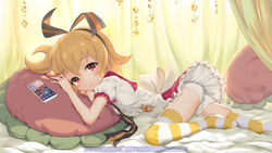  cellphone crescent female frilled_skirt frills gen&#039;ei_wo_kakeru_taiyou hair_ribbon highres indoors lisong_shen looking_at_viewer on_bed panties phone photoshop_(medium) pillow red_eyes ribbon short_hair short_sleeves skirt smartphone solo striped_clothes striped_thighhighs taiyou_akari thighhighs underwear watermark web_address white_panties wristband yellow_thighhighs 