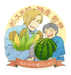  2boys black_eyes black_hair blue_shirt blush bojji cinema_(cinema_rok) corn cropped_torso domas food fruit gloves male_focus multiple_boys official_style ousama_ranking shirt short_hair swept_bangs thick_eyebrows translated watermelon 