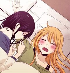  2girls aihara_mei aihara_yuzu bed blonde_hair blush citrus_(saburouta) closed_eyes colorized cropped dress green_dress inseki multiple_girls non-web_source official_art on_bed pillow purple_dress purple_eyes purple_hair saburouta sleeping step-siblings step-sisters third-party_edit yuri 