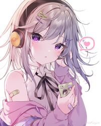  :o bare_shoulders black_ribbon cellphone collared_shirt commentary_request dress_shirt female grey_hair hair_between_eyes hair_ornament hairclip hands_up headphones heart highres holding holding_phone jacket komori_met looking_at_viewer mafuyu_(chibi21) nanashi_inc. neck_ribbon off_shoulder open_clothes open_jacket parted_lips phone pink_jacket purple_eyes ribbon shirt simple_background sleeveless sleeveless_shirt sleeves_past_wrists solo spoken_heart upper_body v_ap_art virtual_youtuber white_background white_shirt 