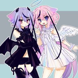  2others angel angel_and_devil angel_wings bare_shoulders bat_wings black_gloves black_hair black_ribbon black_shirt black_shorts black_thighhighs blue_eyes blue_hair clenched_hand clothing_cutout commentary demon_girl demon_horns demon_tail dress elbow_gloves feet_out_of_frame flapper_shirt frilled_bracelet frilled_dress frills gloves gradient_hair hair_flaps halo hand_up highres hikimayu holding_own_arm horns index_finger_raised ishitsuki_(_0101_831) light_blush long_hair looking_at_viewer low_wings meika_hime meika_mikoto multicolored_hair multiple_others navel neck_ribbon oerba_yun_fang open_mouth outline pink_hair pink_nails purple_hair red_eyes ribbon shirt short_hair short_shorts shorts shoulder_cutout siblings sisters smile streaked_hair tail thighhighs traditional_halo very_long_hair vocaloid white_dress white_outline white_ribbon wings 