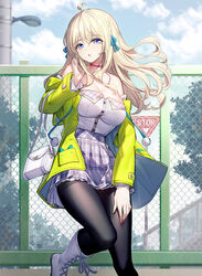  bag black_pantyhose blonde_hair blue_eyes boots breasts coat collar commentary_request cross-laced_footwear female hair_ribbon hand_in_own_hair highres knee_boots knee_up lace-up_boots large_breasts long_hair off_shoulder original outdoors pantyhose plaid plaid_skirt pleated_skirt red_collar ribbon ririko_(zhuoyandesailaer) saegusa_futaba shirt skirt solo standing thighband_pantyhose white_bag white_footwear 