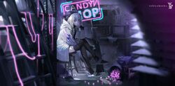  aa-12 aa-12_(girls&#039;_frontline) aizawa_masaya candy candy_store crossed_legs eating english_text female food girls&#039;_frontline gun highres hood hooded_jacket jacket lollipop neon_lights radio shop shotgun solo stool television thighhighs weapon 