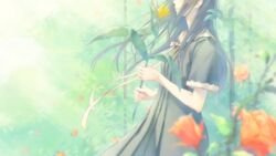  bird_of_paradise_flower black_hair bow bowtie dress female floating_hair flower flowers_(innocent_grey) from_side grey_dress holding holding_flower light_smile long_hair orange_flower orange_rose pleated_dress profile ribbon rose school_uniform shirahane_suou short_sleeves solo sugina_miki third-party_source white_bow white_bowtie white_ribbon wind yellow_flower 