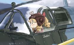  aircraft airplane bad_id bad_twitter_id blonde_hair cockpit commentary_request fairy_(kancolle) female goggles helmet kantai_collection long_hair military mirror pilot pilot_helmet pilot_suit sagoromo_04 science_fiction solo supermarine_spitfire world_war_ii 