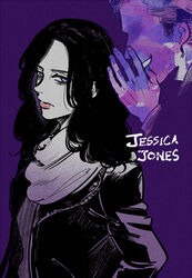  1boy animification character_name closed_mouth commentary_request copyright_name english_text faceless faceless_male facial_hair female jessica_jones jessica_jones_(series) kilgrave kogashirou lips looking_at_viewer marvel marvel_cinematic_universe purple_background purple_eyes smile upper_body whispering 