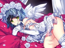  angel_wings black_hair blue_hair bride commission gendo0032 green_eyes looking_at_viewer lying on_side original otoko_no_ko ryoune_yami veil watermark wings 