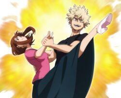  1boy :d artist_name bakugou_katsuki ballroom_e_youkoso black_shirt blonde_hair blush_stickers boku_no_hero_academia brown_eyes brown_hair cioccolatodorima commentary dancing explosion female hand_grab high_heels leg_lift looking_at_viewer okamoto_nobuhiko open_mouth parody pink_shirt red_eyes sakura_ayane season_connection shirt short_sleeves simple_background smile teeth torso_grab uraraka_ochako voice_actor_connection white_background wide-eyed 