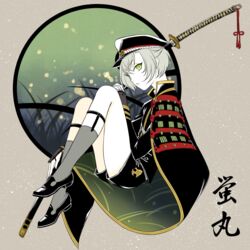  1boy armor cape commentary_request fireflies green_eyes grey_hair hat hotarumaru japanese_armor kneehighs legwear_garter male_focus name_connection object_namesake ootachi parted_lips rainsp shorts shoulder_armor socks sode solo sword touken_ranbu translated weapon 