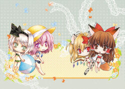  4girls animal_ears aoi_yuuka_(ao_no_kokoro) ball beachball bikini blonde_hair bow brown_eyes brown_hair chibi commentary_request flandre_scarlet fox_ears fox_tail green_eyes hair_tubes hairbow hakurei_reimu hat konpaku_youmu leopard_ears leopard_tail multiple_girls navel pink_eyes pink_hair red_eyes saigyouji_yuyuko swimsuit tail touhou traditional_media white_hair wings 