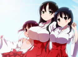  3girls black_hair blush breast_press breasts brown_eyes brown_hair commentary_request flat_chest girl_sandwich hakama hakama_short_skirt hakama_skirt hiyo_kotori hug iwato_kasumi japanese_clothes jindai_komaki large_breasts long_hair looking_at_viewer miko multiple_girls no_bra off_shoulder one-piece_tan open_mouth red_eyes saki_(manga) sandwiched short_hair short_twintails side-by-side skirt smile standing tan tanlines twintails usuzumi_hatsumi 