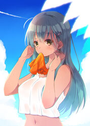  alternate_costume aqua_hair arms_at_sides bad_id bad_pixiv_id bare_shoulders brown_eyes cloud crop_top crop_top_overhang day female from_side hair_between_eyes hair_ornament hairclip jakey kantai_collection long_hair looking_at_viewer midriff mouth_hold navel sky solo sunlight suzuya_(kancolle) upper_body 