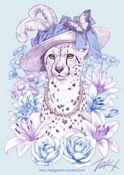  animal bow bud bug butterfly butterfly_on_hat chamomile cheetah commentary dahlia english_commentary floral_background flower hat hat_bow hat_feather jewelry lily_(flower) looking_at_viewer necklace no_humans original pearl_necklace photoshop_(medium) rose signature sun_hat takigraphic tiger_lily watermark web_address white_butterfly yellow_eyes 