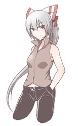  bow commentary_request cropped_legs female fujiwara_no_mokou grey_hair hands_in_pockets kuroba_rapid long_hair pants red_eyes simple_background sleeveless solo touhou unbuttoned very_long_hair white_background 