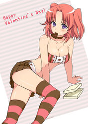  artist_name bare_shoulders blush breasts candy chocolate choker cleavage collarbone commentary_request dated english_text female food happy_valentine heart heart-shaped_chocolate large_breasts looking_at_viewer midriff mikakunin_de_shinkoukei miniru mouth_hold purple_eyes red_hair short_hair signature skindentation skirt solo striped_background striped_clothes striped_thighhighs thighhighs two_side_up valentine yonomori_kobeni 