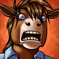  1:1 abstract_background anthro blue_eyes brown_body brown_fur brown_hair clothed clothing conditional_dnp digital_media_(artwork) equid equine fur hair horse looking_at_viewer male mammal peekaboo ratte reaction_image shocked solo teeth tongue 