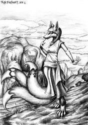  2015 3_tails anthro canid canine female fox hi_res kekpafrany mammal monochrome multi_tail outside solo tail traditional_media_(artwork) 