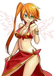  bikini bird_wings bracelet breasts cleavage commentary_request earrings female green_eyes jewelry leilan_(p&amp;d) long_hair medium_breasts memento_vivi navel orange_hair puzzle_&amp;_dragons red_bikini side_ponytail solo swimsuit wings 