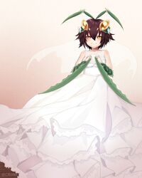  absurdres alternate_costume animal_hands antennae arm_blade arthropod_girl bare_shoulders breasts bridal_veil bride brown_hair caleana collarbone dress female hands_on_own_chest highres jewelry long_dress looking_at_viewer mantis_(monster_girl_encyclopedia) mantis_girl medium_breasts monster_girl monster_girl_encyclopedia ring short_hair sleeveless sleeveless_dress smile solo twitter_username veil weapon wedding_dress wedding_ring yellow_eyes 