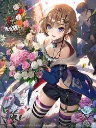  1boy birdcage black_hair blue_eyes bouquet breasts brown_hair cage commentary_request dated female flower furyou_michi_~gang_road~ hair_ornament hairclip jewelry looking_at_viewer medium_breasts necklace official_art rose short_hair smile thighhighs tob 