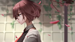  black-framed_eyewear brown_hair commentary english_commentary fate/grand_order fate_(series) female from_side glasses lips mash_kyrielight necktie off_shoulder petals purple_eyes short_hair solo upper_body vafar7 