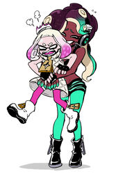  2girls closed_eyes colored_skin commentary_request crop_top cropped_vest dark-skinned_female dark_skin dress forehead green_legwear inkling kogashirou marina_(splatoon) mole mole_under_mouth multicolored_skin multiple_girls navel_piercing octoling open_mouth pale_skin pantyhose pantyhose_under_shorts pearl_(splatoon) piercing pink_legwear shorts sleeveless sleeveless_dress smile splatoon_(series) splatoon_2 tentacle_hair very_dark_skin vest zipper zipper_pull_tab 