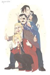  &gt;:d +++ 4boys amestris_military_uniform antenna_hair beard behind_another black_hair black_pants black_shirt blonde_hair boots braid brown_coat closed_eyes coat double_v edward_elric eyepatch facial_hair frown full_body fullmetal_alchemist glasses gloves gradient gradient_background greed happy highres image_sample ing-eo_(polaris599) king_bradley kneeling ling_yao long_hair looking_away male_focus military military_uniform moustache multiple_boys open_mouth pants ponytail red_coat shirt short_hair simple_background smile spread_legs standing sword thumbs_up twitter_sample twitter_username uniform v van_hohenheim waistcoat weapon white_background white_shirt yellow_eyes 