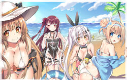  4girls absurdres bikini black_bikini breasts brown_hair cleavage commentary_request crossover five-seven_(cruise_queen)_(girls&#039;_frontline) five-seven_(girls&#039;_frontline) girls&#039;_frontline google_(asdek18) hair_bun hat highres large_breasts long_hair looking_at_viewer m37_(girls&#039;_frontline) m37_(summer_parader)_(girls&#039;_frontline) multiple_girls official_alternate_costume one_side_up orange_eyes outdoors patrick_star ponytail purple_hair red_eyes single_side_bun smile sparkle sponge spongebob_squarepants spongebob_squarepants_(series) starfish sun_hat suomi_(girls&#039;_frontline) suomi_(midsummer_pixie)_(girls&#039;_frontline) swimsuit wa2000_(girls&#039;_frontline) wa2000_(op._manta_ray)_(girls&#039;_frontline) white_bikini white_hair yellow_eyes 