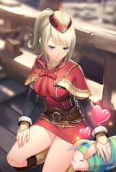  blonde_hair blue_eyes boots bow bowtie brigade_(armor) capelet commentary_request day dc_(doughertyevans) dress female hat hat_feather heart highres hub_lass knee_boots kneeling long_hair long_sleeves mini_hat monster_hunter:_world monster_hunter_(series) neck_ribbon outdoors pencil_skirt photoshop_(medium) pig ponytail poogie red_bow red_bowtie red_capelet red_dress red_ribbon ribbon short_dress skirt smile solo swept_bangs thighs 