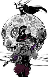  ascot astarte_(persona_5) axe commentary_request domino_mask female gloves hat_feather kogashirou long_hair long_sleeves looking_at_viewer mask okumura_haru persona persona_5 puffy_long_sleeves puffy_sleeves pumpkin_shorts purple_gloves short_hair simple_background skull smile spot_color white_background 