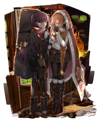  2girls absurdres belt black_footwear black_pantyhose blazer blush braid breasts brown_hair closed_eyes collared_shirt commentary full_body girls&#039;_frontline gloves hair_between_eyes hair_rings half_updo hand_up highres holding holding_hands jacket large_breasts long_hair looking_at_another multiple_girls necktie official_alternate_costume one_side_up open_mouth pantyhose pirapirapirapira purple_hair red_eyes red_necktie red_scarf scarf shirt shoes sidelocks springfield_(girls&#039;_frontline) springfield_(o_holy_night)_(girls&#039;_frontline) thighband_pantyhose wa2000_(date_in_the_snow)_(girls&#039;_frontline) wa2000_(girls&#039;_frontline) 