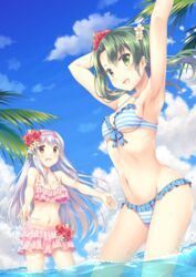  2girls alternate_costume armpits arms_up bikini blue_sky breasts cleavage cloud collarbone commentary_request day flower frilled_bikini frills front-tie_top green_eyes hair_flower hair_ornament hair_ribbon hairband kantai_collection large_breasts long_hair looking_at_viewer medium_breasts minakami_nagara multiple_girls navel open_mouth outdoors ribbon shoukaku_(kancolle) sky smile swimsuit tree twintails water zuikaku_(kancolle) 