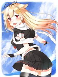  ass bad_id bad_pixiv_id blonde_hair blush female hair_flaps highres kantai_collection long_hair nezumidoshi red_eyes solo thighhighs yuudachi_(kancolle) yuudachi_kai_ni_(kancolle) 