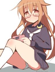  9law brown_hair crescent female glasses kantai_collection legs long_hair looking_at_viewer mochizuki_(kantai_collection) orange_eyes panties pantyshot playing_games pleated_skirt red-framed_glasses semi-rimless_glasses simple_background sitting skirt socks solo underwear upskirt white_background white_legwear white_panties 