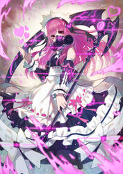  absurdres apron bare_shoulders commentary_request detached_sleeves doku-chan_(dokkudokudoku) female frills gas_mask heart highres long_hair maid maid_apron maid_headdress mask neon_trim original photoshop_(medium) pink_eyes pink_hair reverse_grip scythe solo 